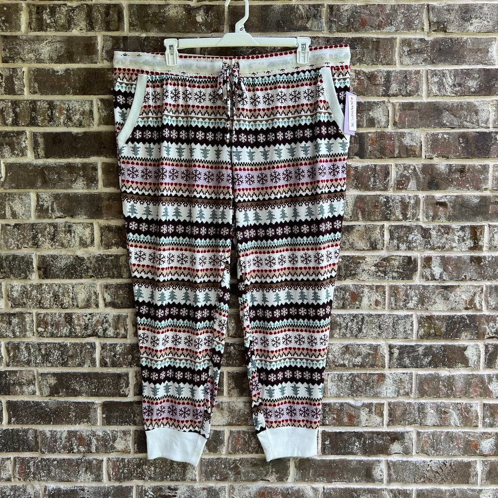 Joyspun Women's Hacci Knit Sleep Joggers Winter White Fairisle Size 3X (22W-24W)